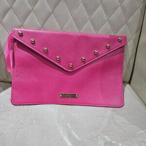 Juicy Couture Pink Faux Leather Envelope Clutch With Gold Stud Accents & Logo Pl
